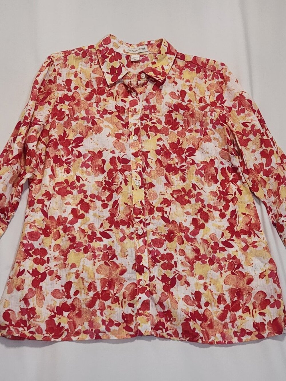Coldwater Creek Blouse Womens Size PS Petite Small 100% Linen Floral Button Up